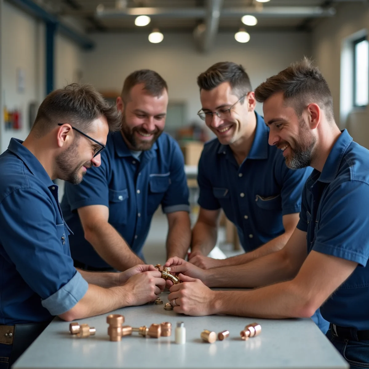 Licensed master plumbers collaborating at Helotes workshop