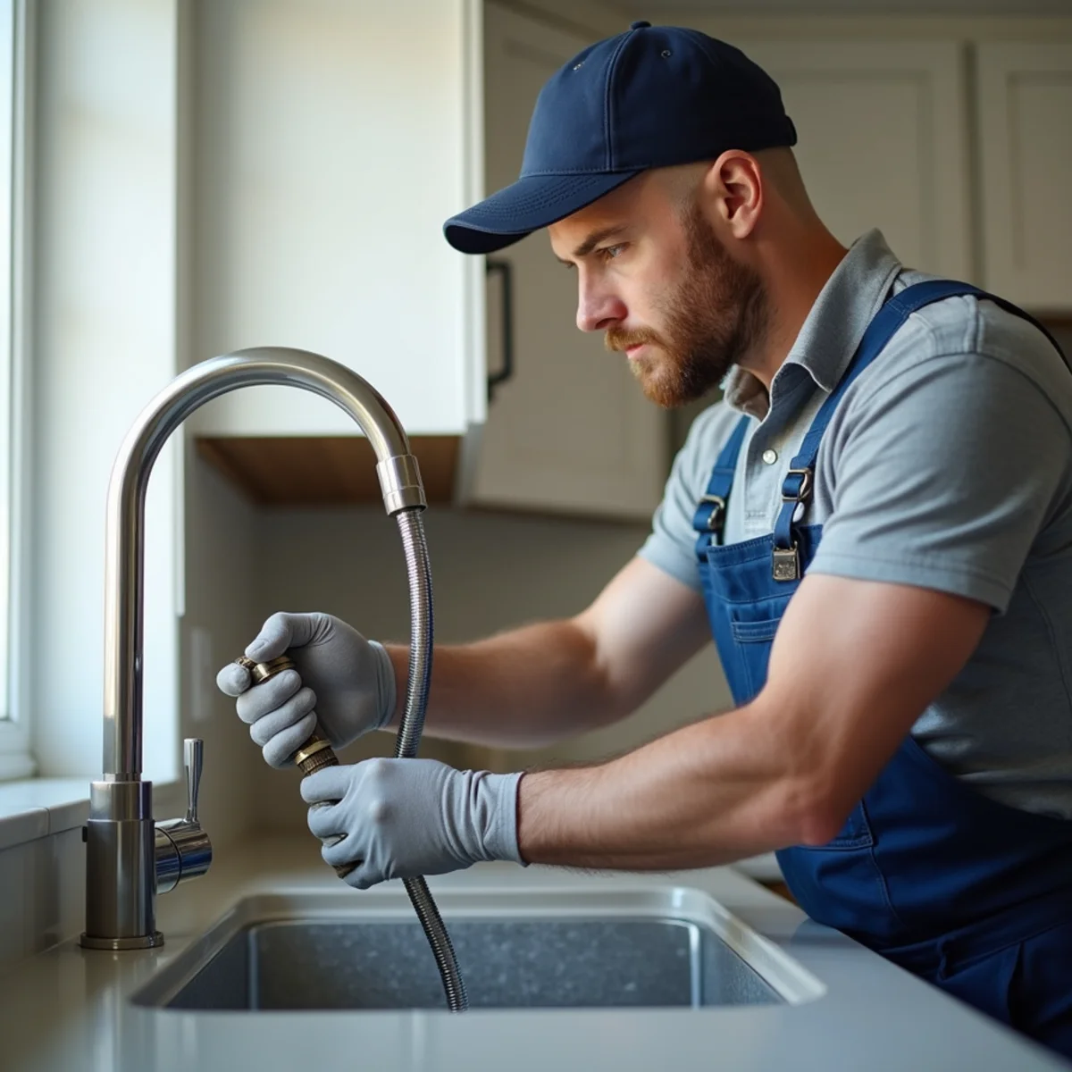 Plumber installing new kitchen faucet in Helotes TX