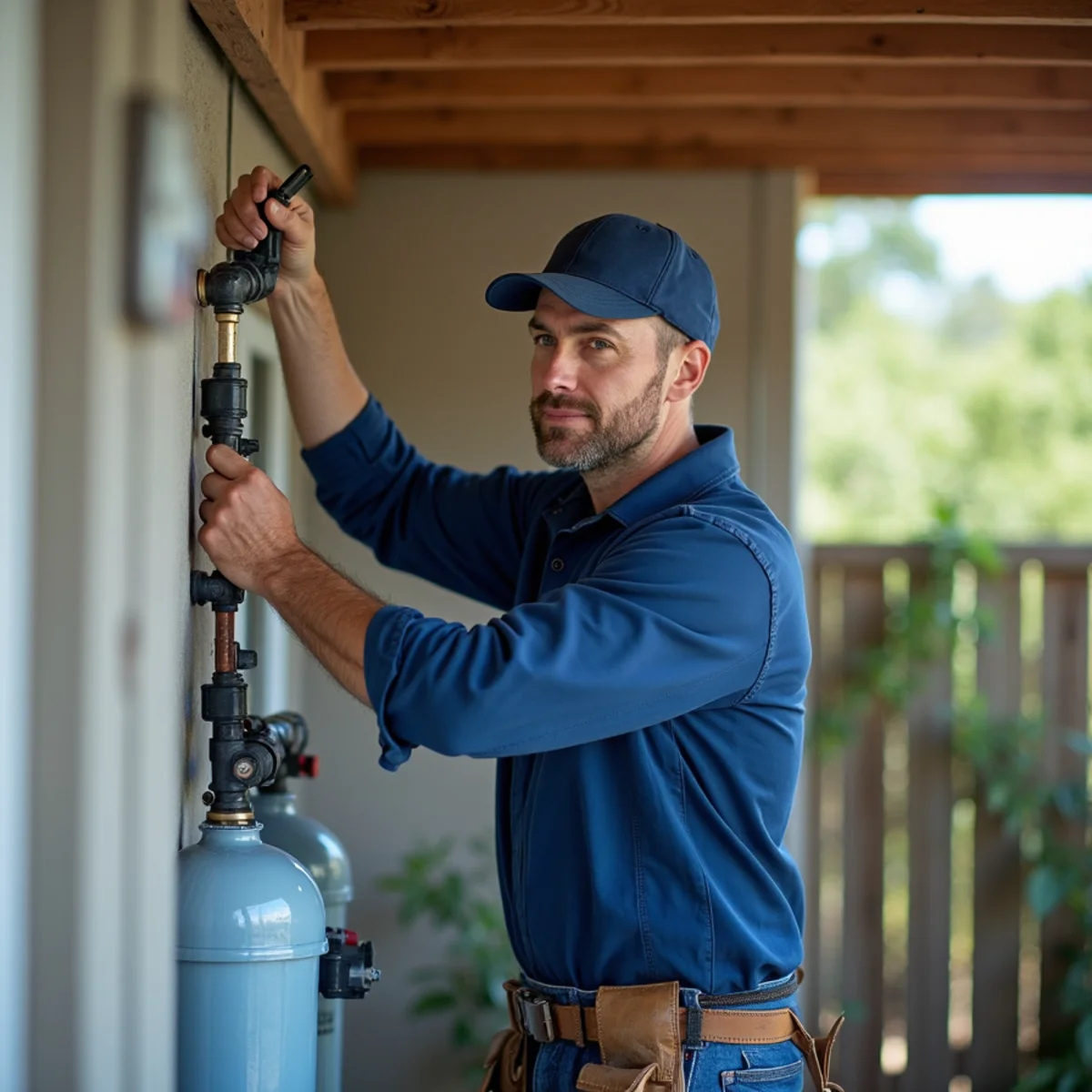 Plumber installing dual tank water softener for hard Edwards Aquifer water in Helotes TX