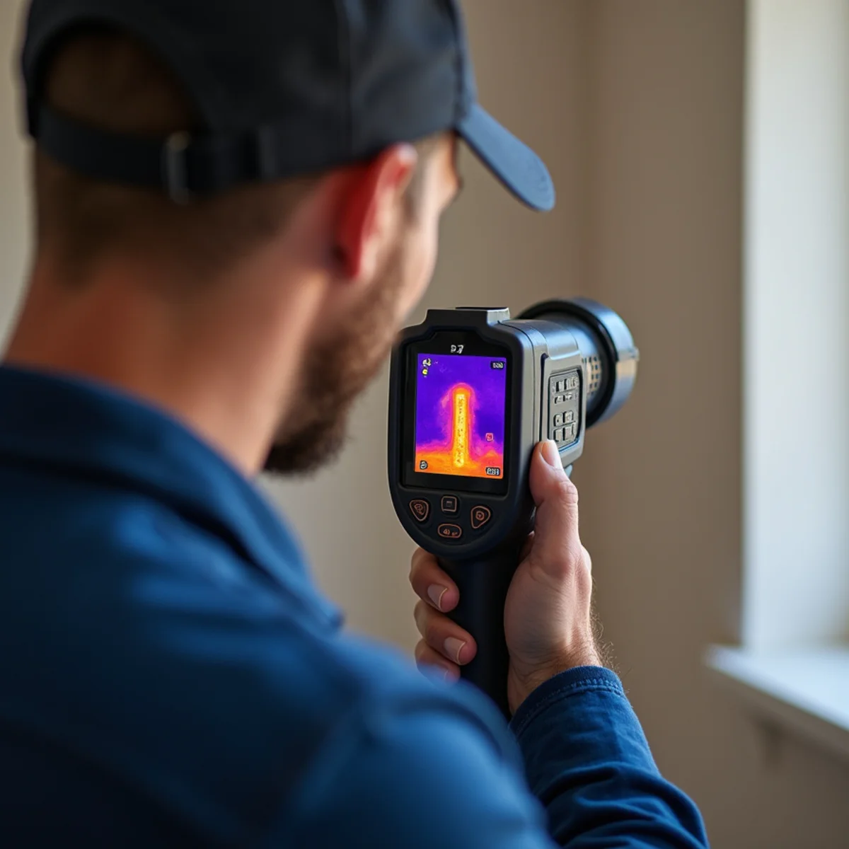 Thermal imaging camera detecting hidden pipe leak in Helotes wall